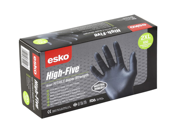 High Five BLACK Nitrile Disposable Glove, Super Strength, Powder Free, Size Medium - Box 100
