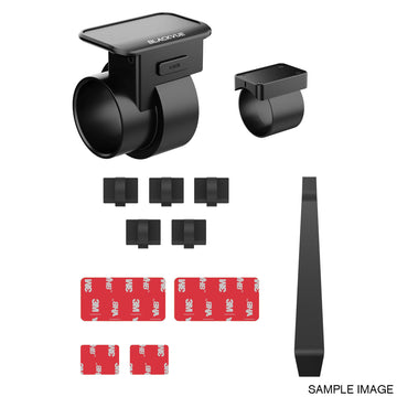 BlackVue DR970X Box Plus dashcam mount kit with mounts, adhesive tape, and cable clips
