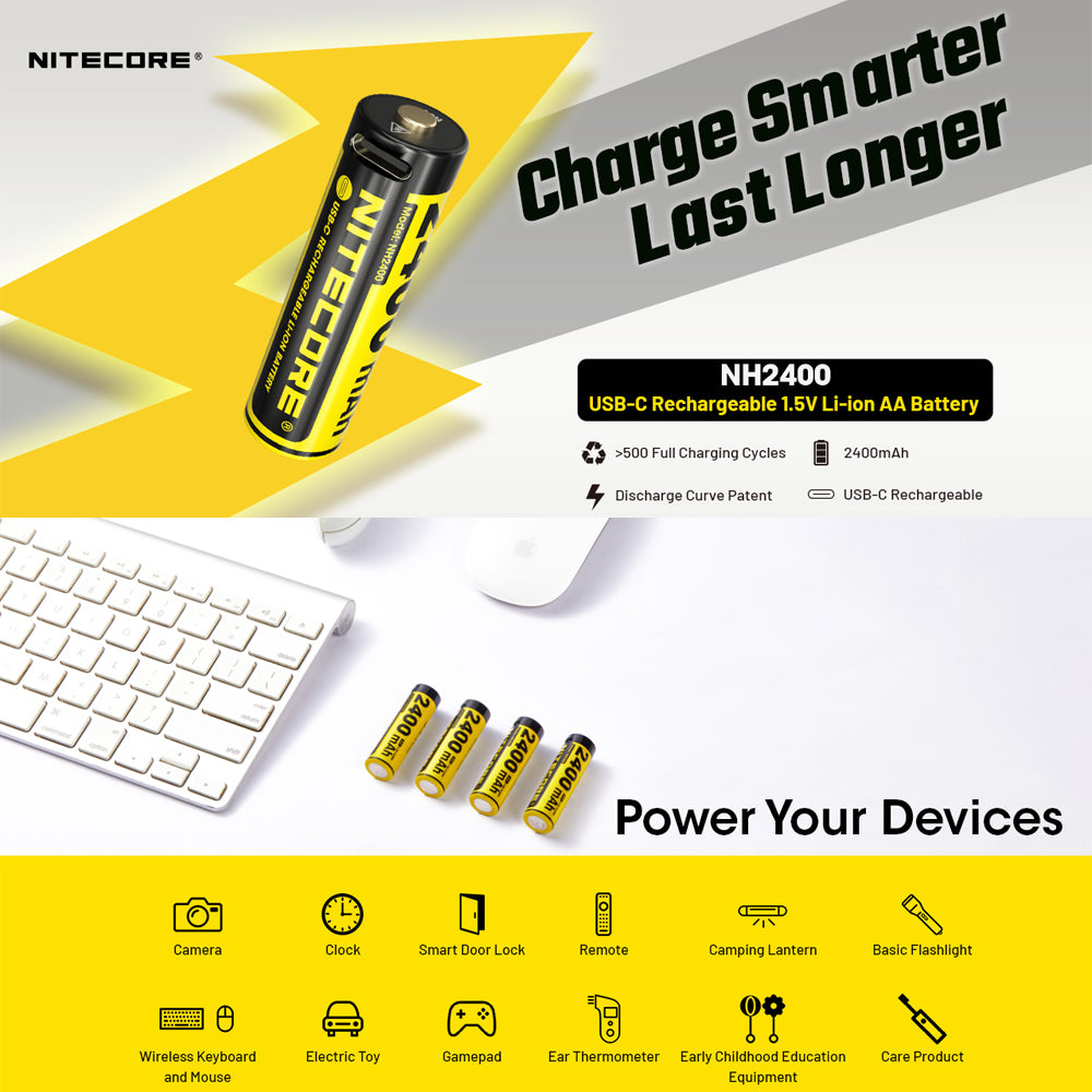 Nitecore Li-Ion Rechargeable Aa Battery 2400mah 1.5v 4 Pack Kit | Formula