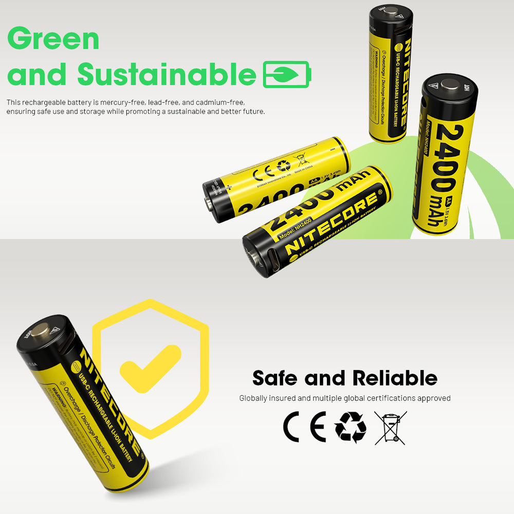 Nitecore Li-Ion Rechargeable Aa Battery 2400mah 1.5v 4 Pack Kit | Formula