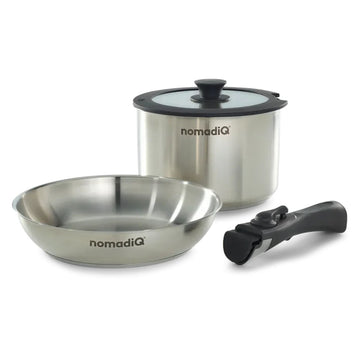 NomadiQ stainless steel cookware set with 24cm skillet and 3.5L saucepan