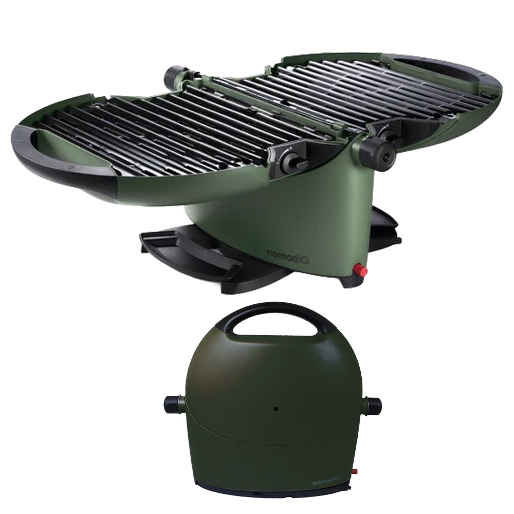 NomadiQ Portable Gas BBQ Army Green folded with carry strap