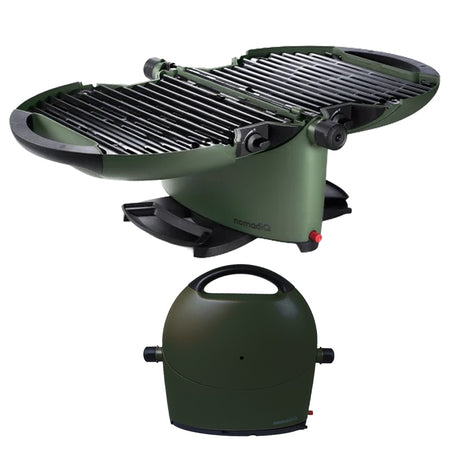 NomadiQ Portable Gas BBQ Army Green folded with carry strap