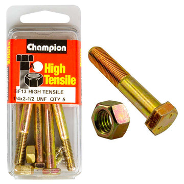 Champion Grade 5 bolt and nut, 1/4 x 2-1/2 inch UNF, zinc plated, pack of 10