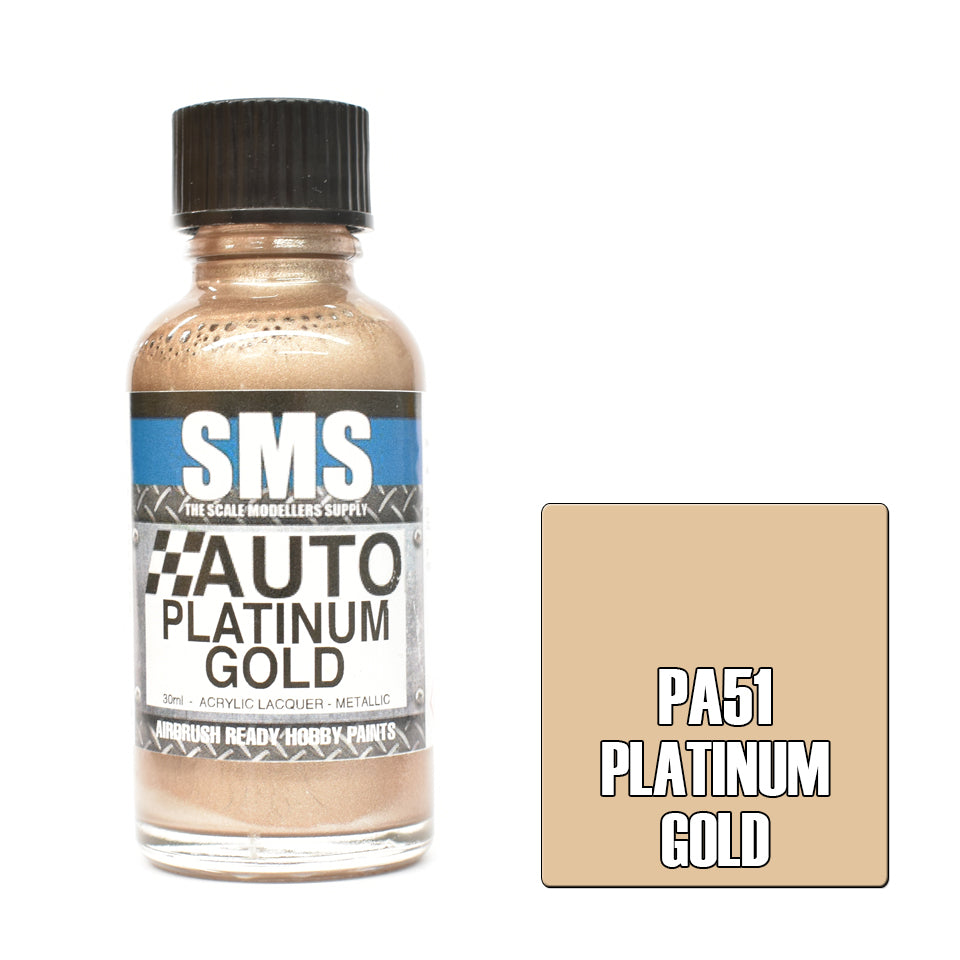 30ml bottle of Platinum Gold acrylic lacquer airbrush paint by Scale Modellers Supply
