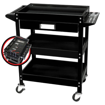 ProEquip 3-shelf steel service trolley with tool trays and lockable casters