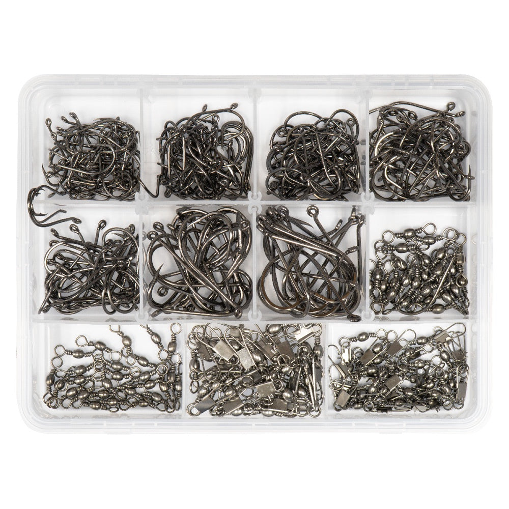 TacklePro 340-piece fishing tackle pack assortment with hooks, swivels, and tackle box