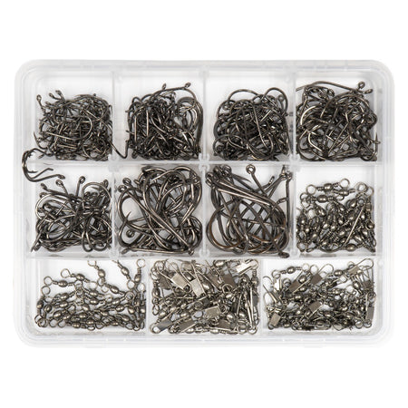 TacklePro 340-piece fishing tackle pack assortment with hooks, swivels, and tackle box