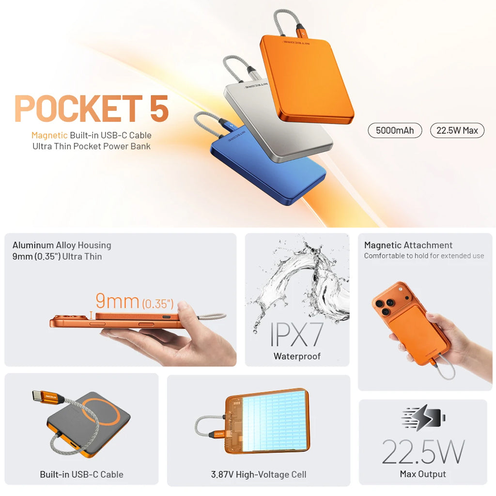 Nitecore 5,000mah Magnetic Ultra Thin Power Bank Built-In Usb C Titanium Gray