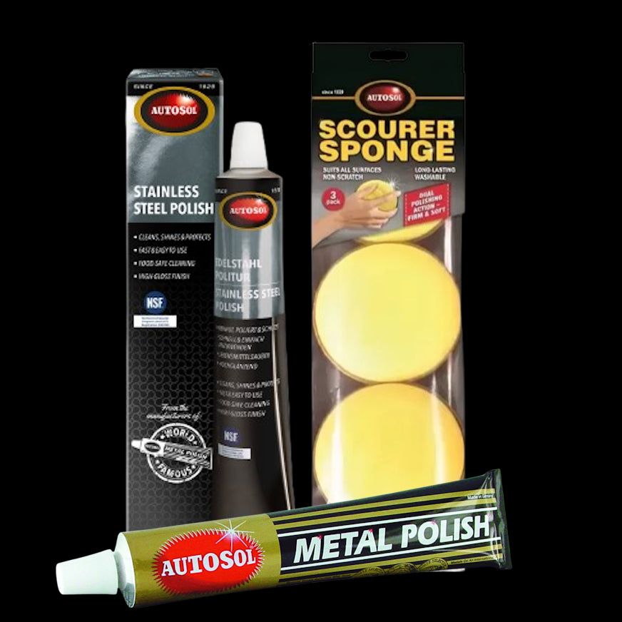 Autosol Metal Polish 75mls + Autosol Stainless Steel Polish 75mls + Polishing Sponge