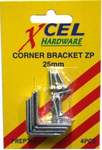 Xcel Corner Brackets - ZP with Screws 4-pce 25mm Carded