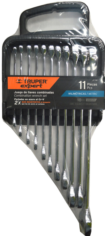 Truper 11-piece metric combination wrench set laid out showing all sizes from 6 to 22 mm