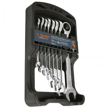 Truper 8-piece metric combination wrench set with ratchet, sizes 8–17 mm, chrome vanadium steel