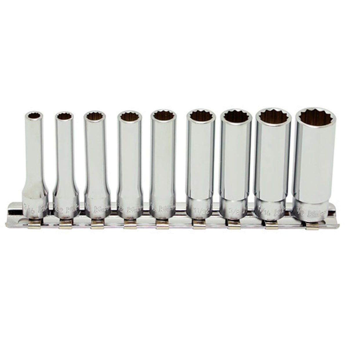 Koken RS2305A Deep Socket Set On Rail 12pt 9pc 1/4"Dr 3/16-1/2" | Hobeca