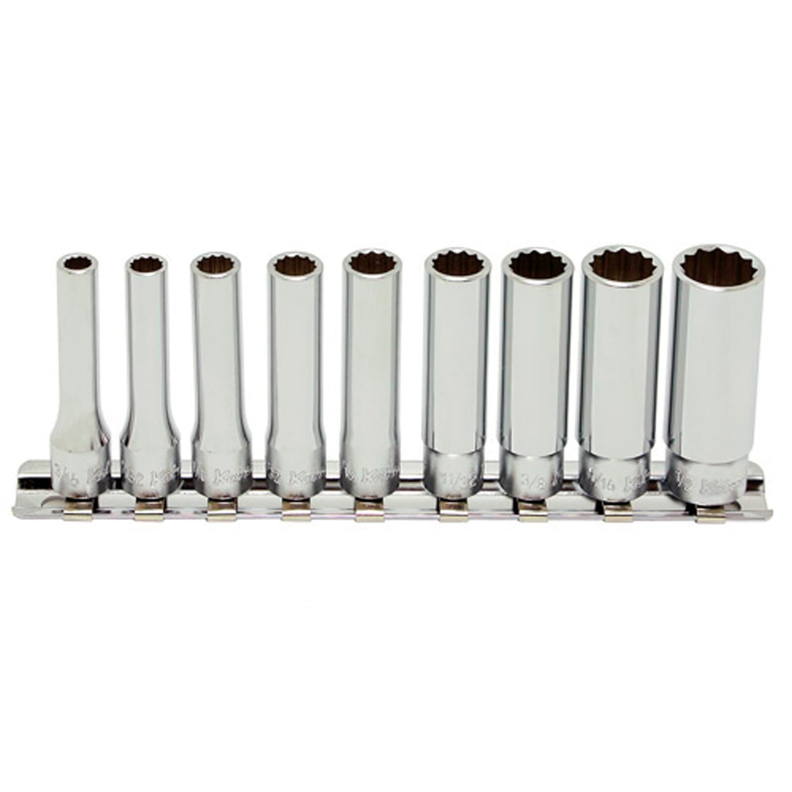 Koken RS2305A Deep Socket Set On Rail 12pt 9pc 1/4"Dr 3/16-1/2" | Hobeca