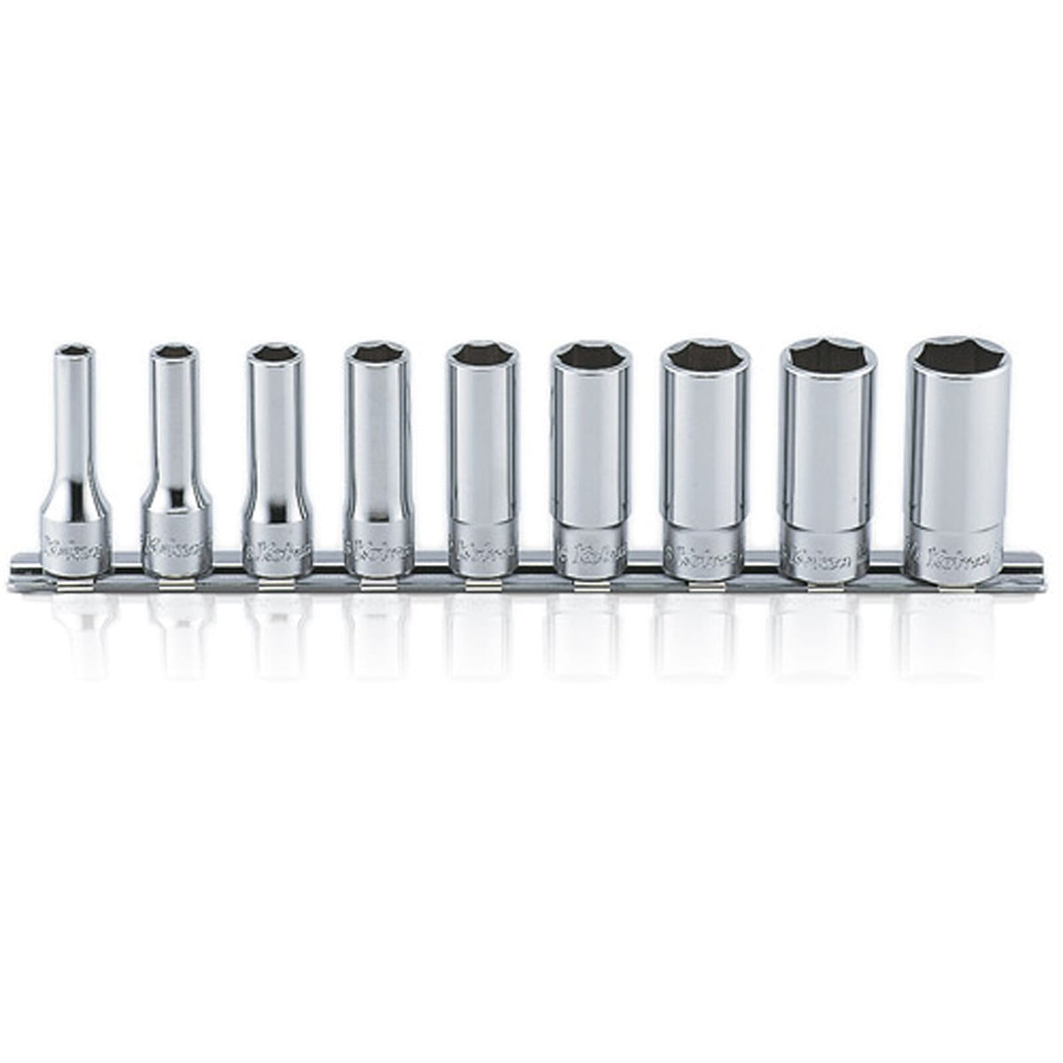 Koken RS3300A Deep Socket Set On Rail 6pt 9pc 3/8"Dr 1/4-3/4" | Hobeca