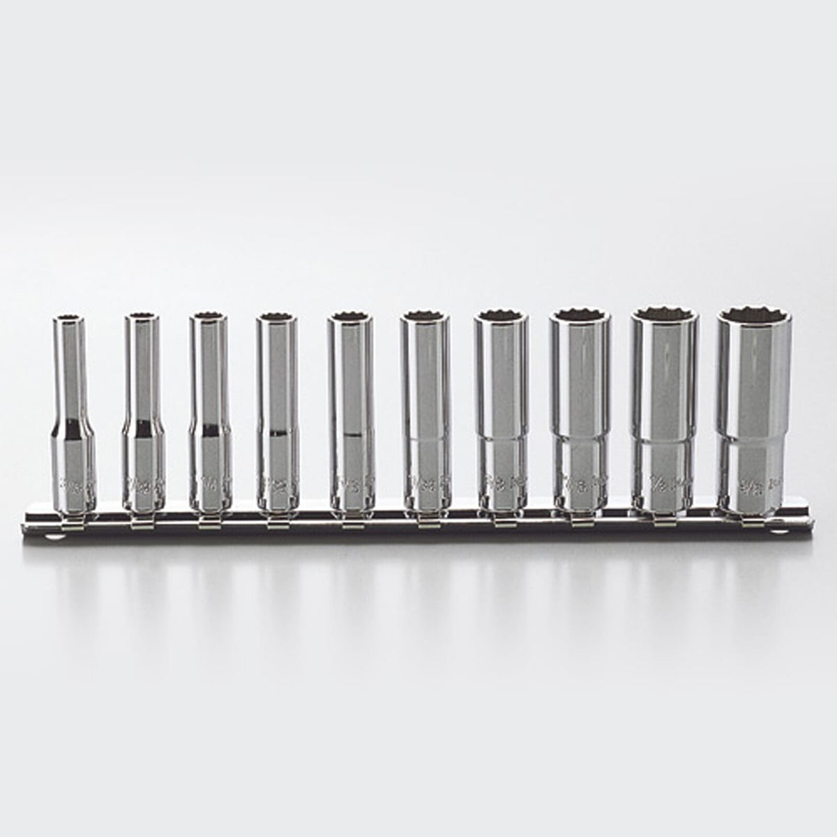 Koken RSAS2305A Deep Socket Set AS954E On Rail 12pt 10pc 1/4"Dr 3/16-9/16" | Hobeca
