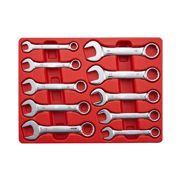 Rytool 10-piece metric stubby spanner set laid out showing 10mm to 19mm sizes