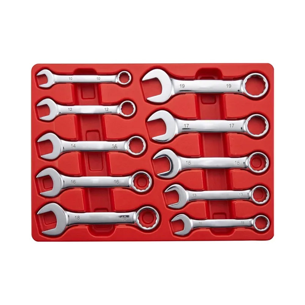 Rytool 10-piece metric stubby spanner set laid out showing 10mm to 19mm sizes