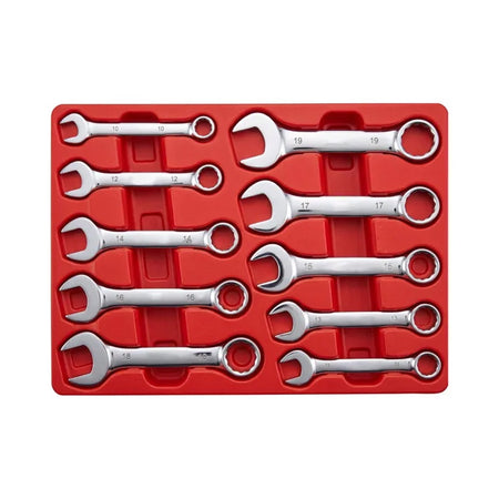 Rytool 10-piece metric stubby spanner set laid out showing 10mm to 19mm sizes