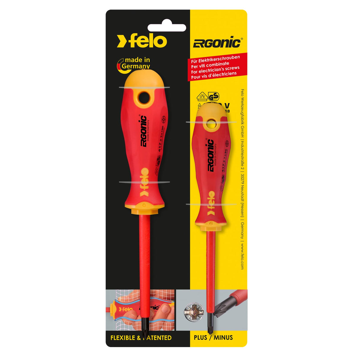 Felo 417 Ergonic Insulated Plus/Minus Screwdriver Set of 2 Sizes Z1 and Z2 Hardened Tip | Hobeca
