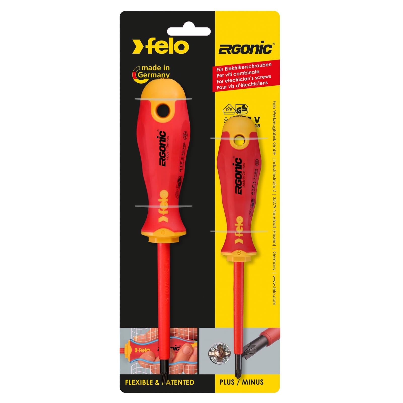 Felo 417 Ergonic Insulated Plus/Minus Screwdriver Set of 2 Sizes Z1 and Z2 Hardened Tip | Hobeca