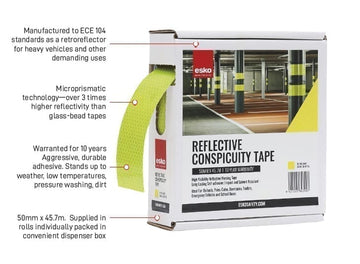 ESKO Premium Conspicuity Tape ECE 104 50MM x 45.72M roll in hi-vis lime with dispenser box