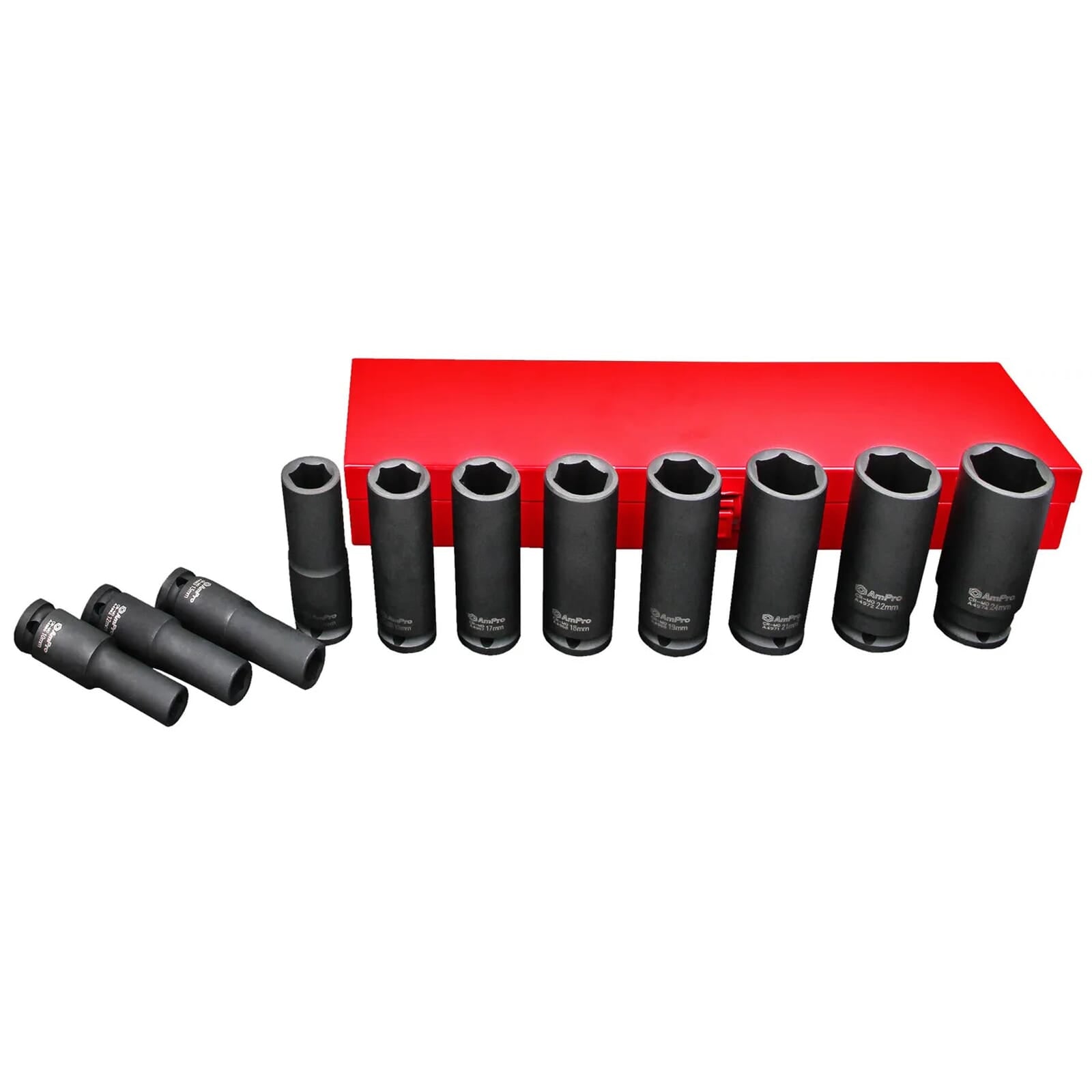 AmPro Deep Air Impact Socket Set 1/2" Dr 10-24mm 11pc – AmPro 11pc 1/2" Dr. Deep Air Impact Socket Set (Metric) | Hobeca