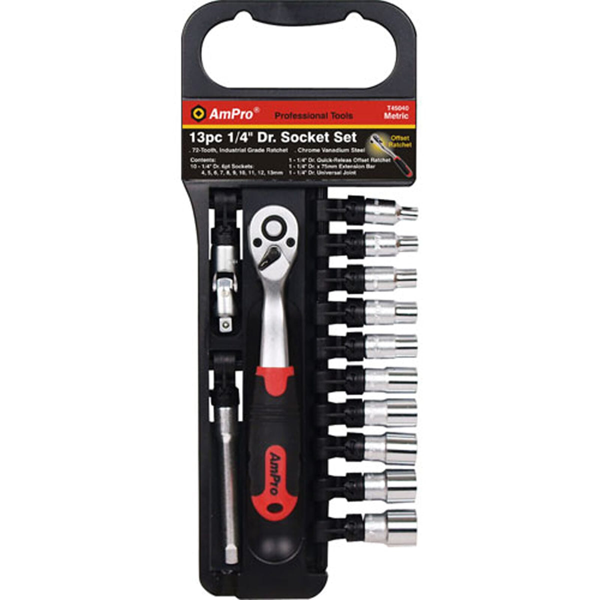 AmPro Socket Set 1/4"Dr 4 -13mm 6pt 13pc (Open Rack Type) | Hobeca