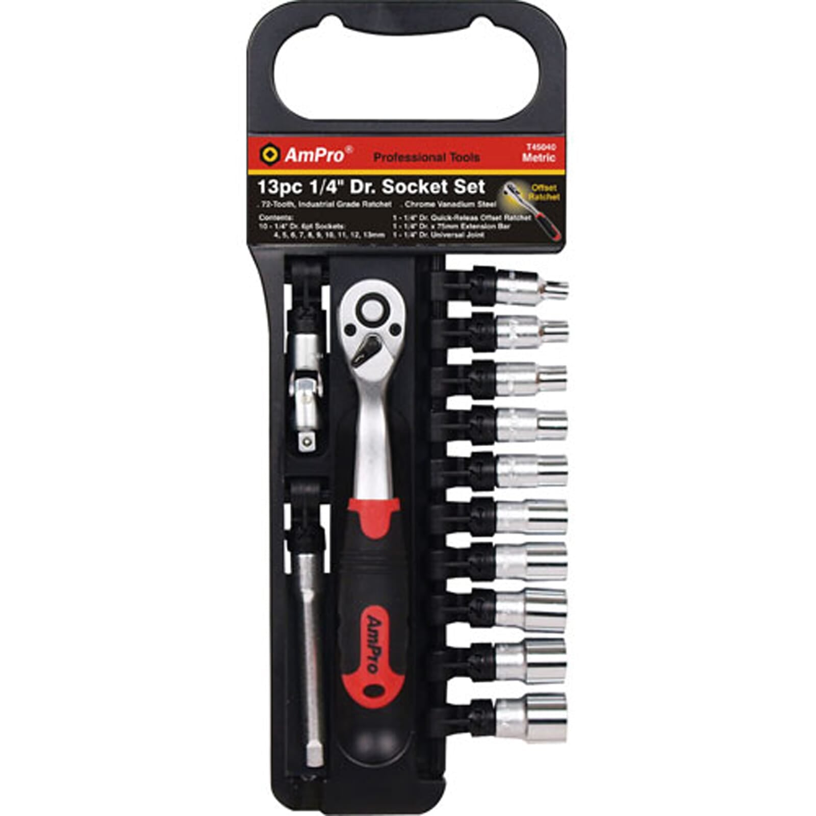 AmPro Socket Set 1/4"Dr 4 -13mm 6pt 13pc (Open Rack Type) | Hobeca