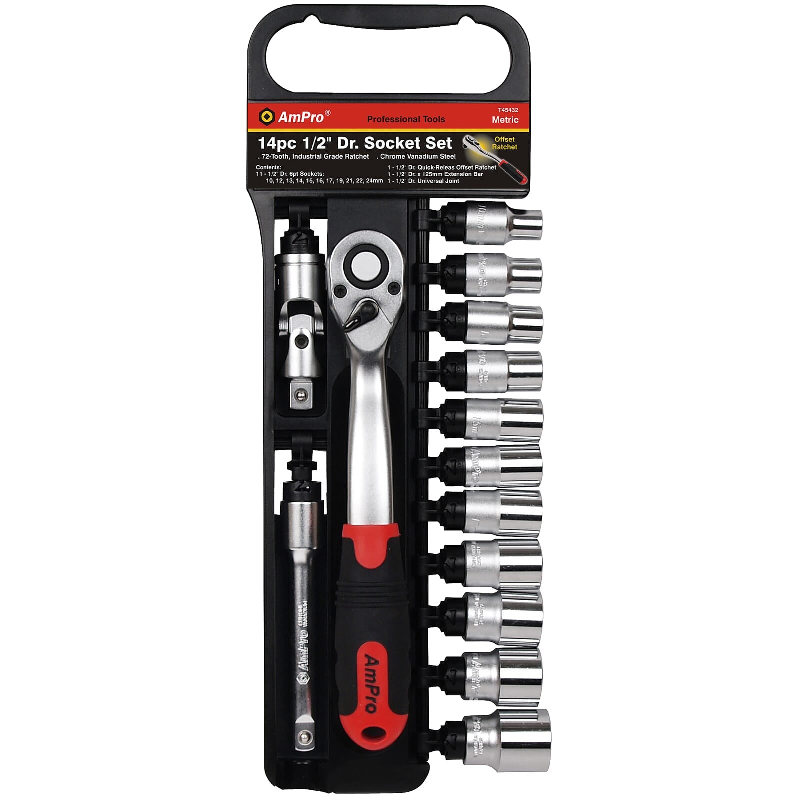 AmPro Socket Set 1/2"Dr 10-24mm 6pt 14pc (Open Rack Type) | Hobeca