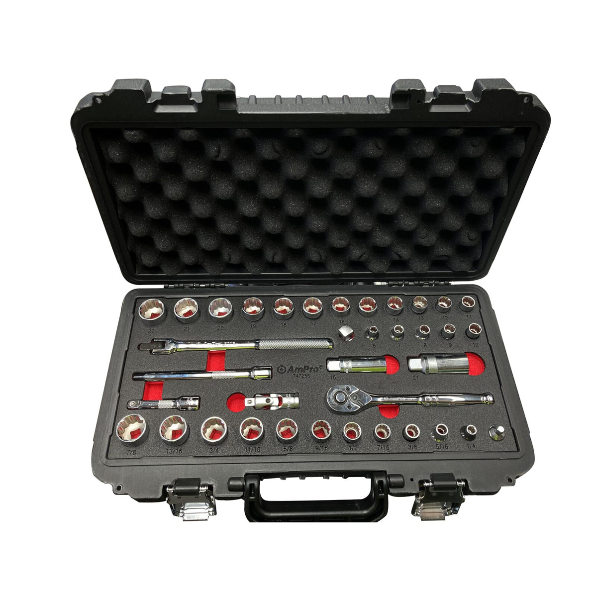 Ampro Socket Set 3/8"Dr 6-22mm & 1/4"-7/8" Metric/SAE 12pt 37pc (in Blowcase) | Hobeca