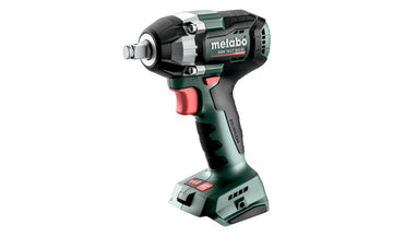 Metabo 18V cordless impact wrench with 1/2in. square drive, showing belt hook and LED work light
