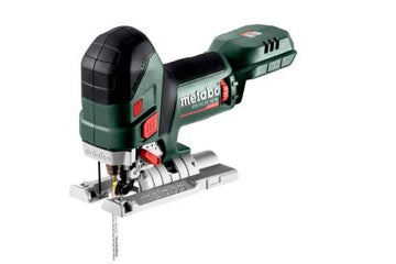 Metabo 18V brushless compact barrel grip jigsaw bare tool, angled view showing soft-grip handle and blade guide