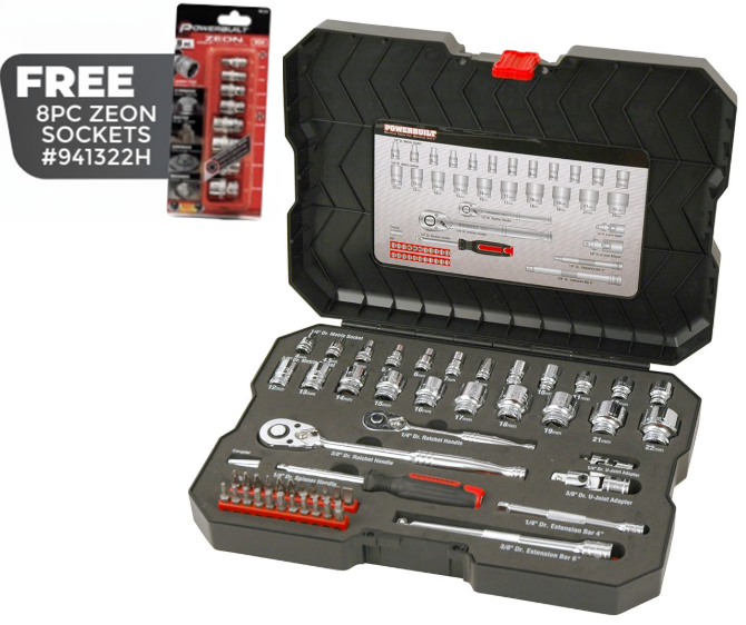 Powerbuilt 1/4" Dr, 3/8" Dr 53pc Metric Socket Set - Free 8PC Zeon Sockets
