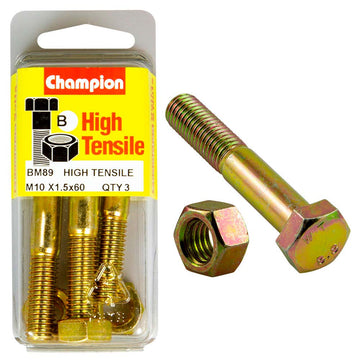 Champion M10 x 60mm grade 8.8 bolt and nut, zinc plated