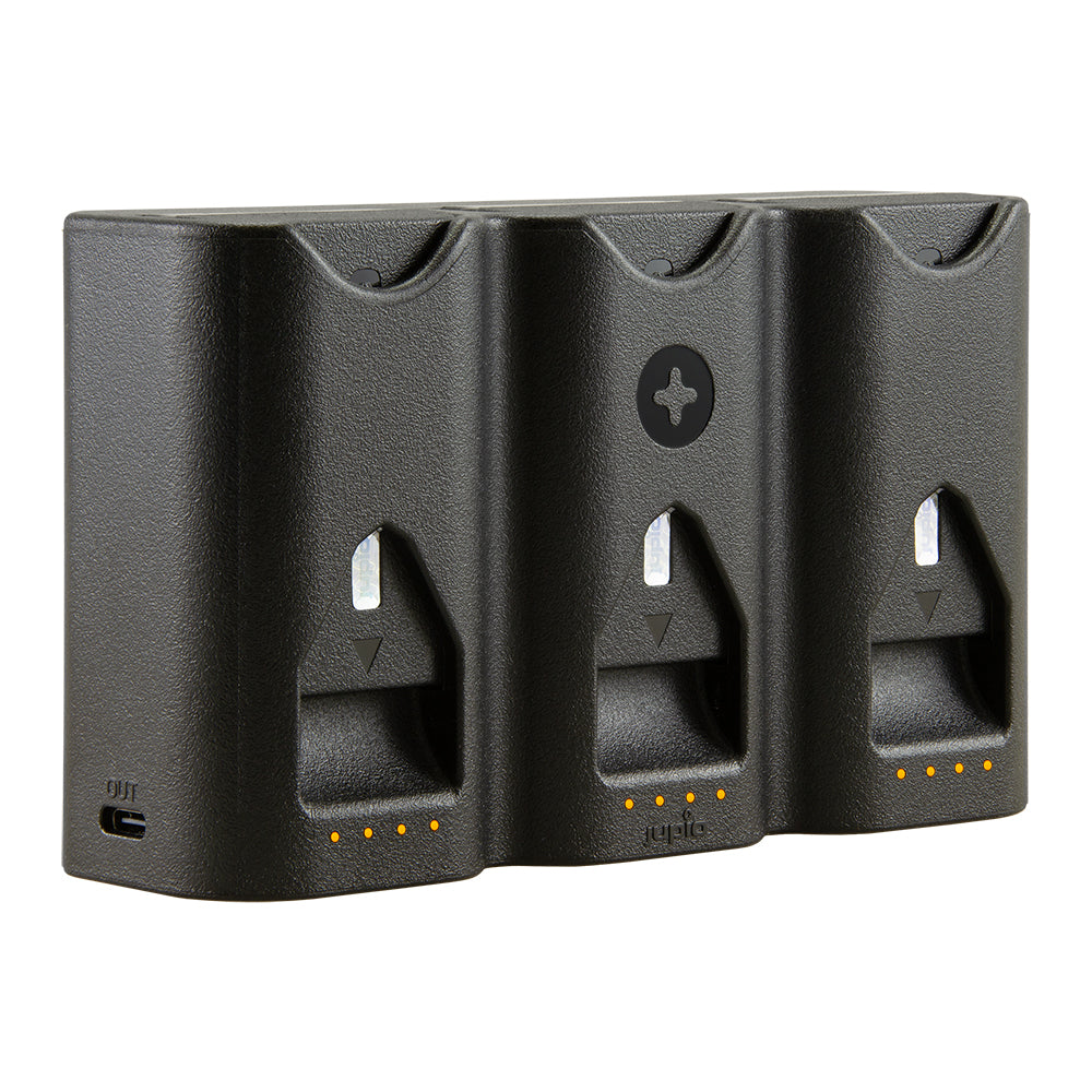 Jupio Tri-Charge Air3 charger with three Nikon EN-EL15 batteries installed