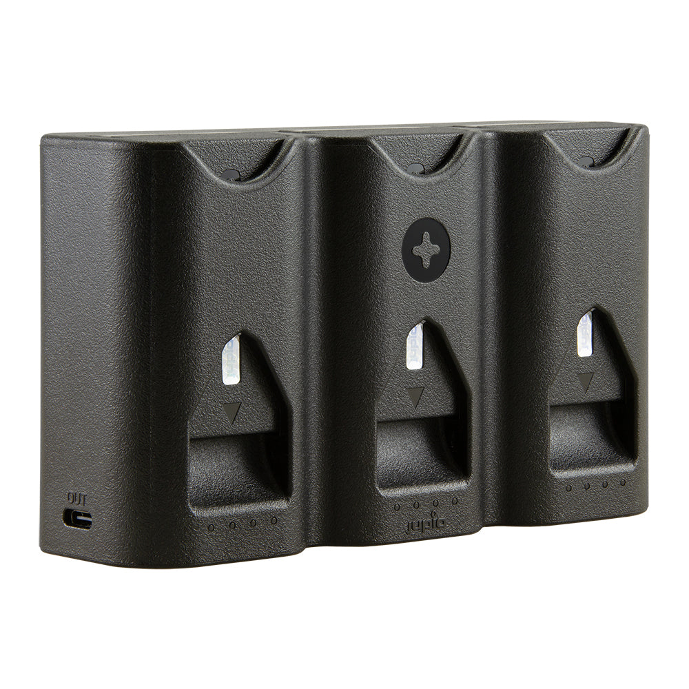 Jupio Tri-Charge Air3 charger with three Sony NP-FZ100 batteries installed
