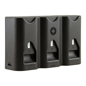 Jupio Tri-Charge Air3 charger with three Canon LP-E6 batteries installed