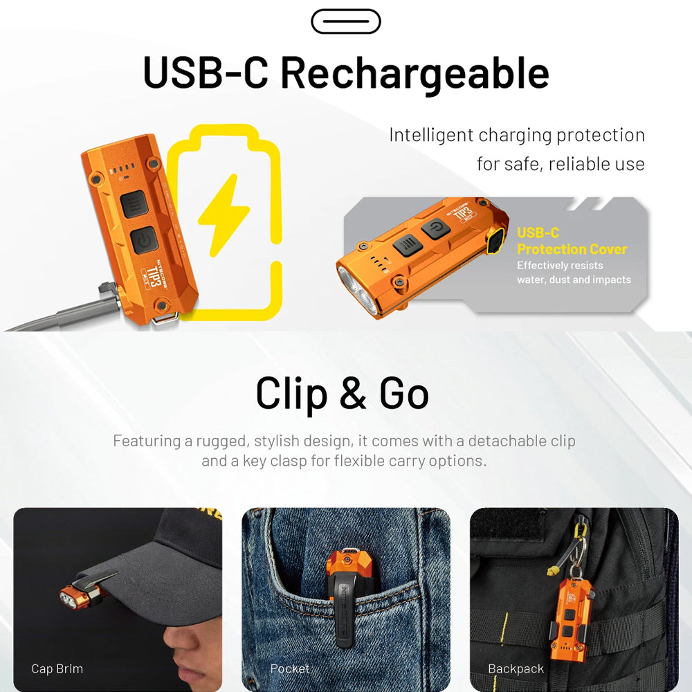 Nitecore Tip3 720 Lumen Keychain Light Classic Alloy Orange