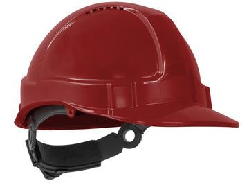 TUFF-NUT hard hat red short peak vented 6-point ratchet harness front view