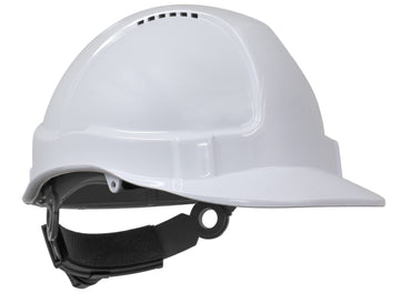 TUFF-NUT hard hat white short peak vented 6-point ratchet harness front view
