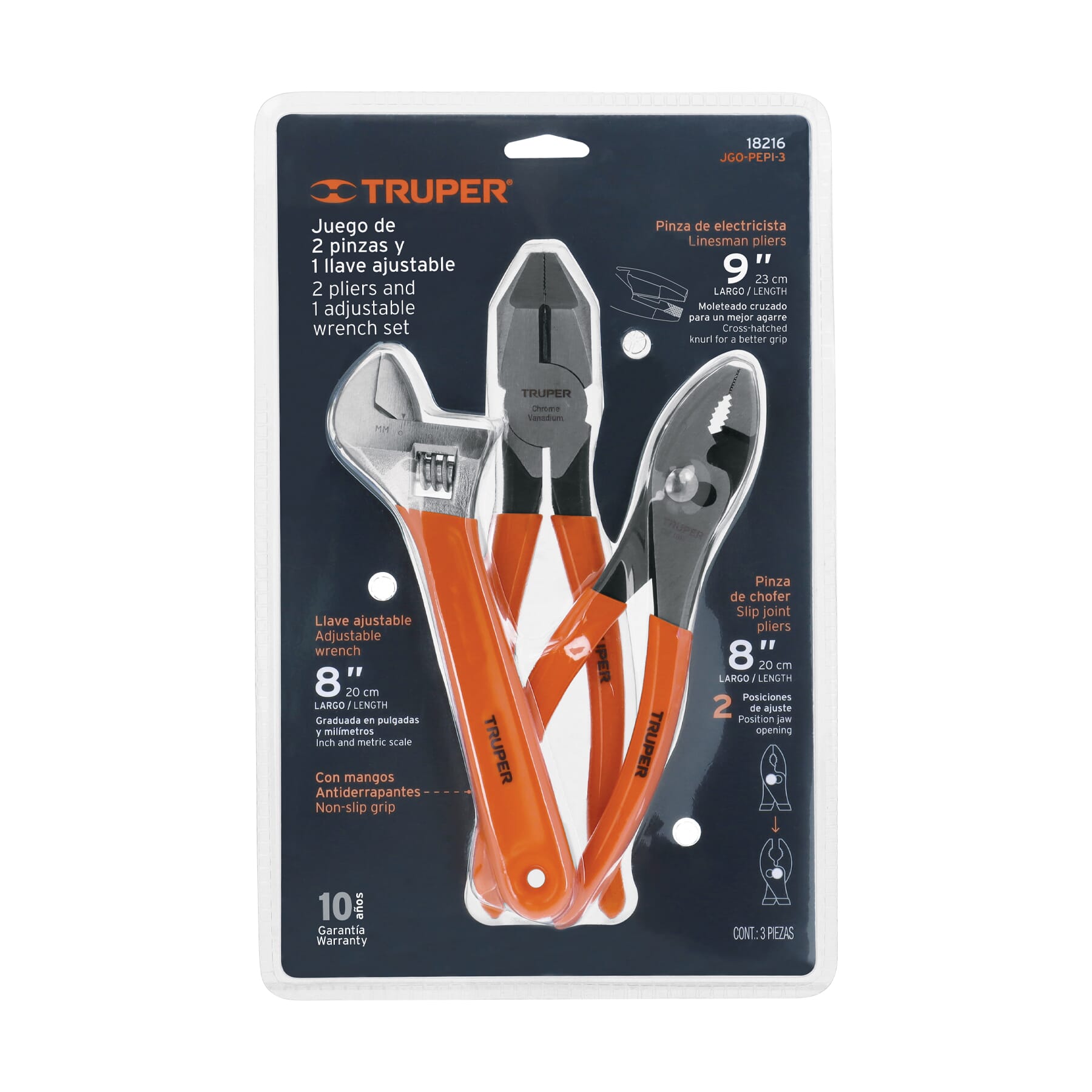 Truper Plier Set Linesman, Slip Joint, Wrench 18216 | Hobeca