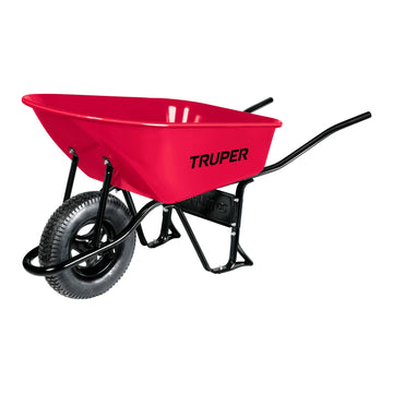 Truper Tradie wheelbarrow with red steel 100L tray and pneumatic tyre