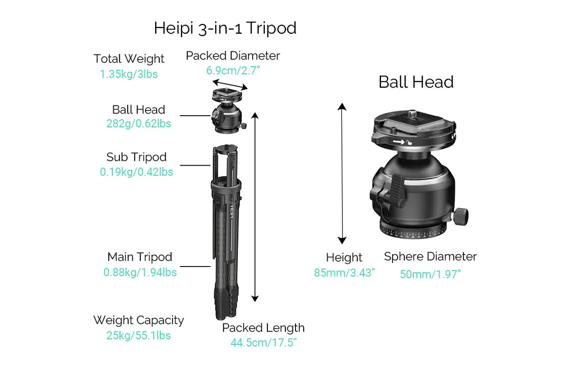 Heipi Vision 3-In-1 Carbon Fiber Travel Tripod 44.5cm / 1.35kg | Formula