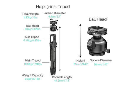 Heipi Vision 3-In-1 Carbon Fiber Travel Tripod 44.5cm / 1.35kg | Formula