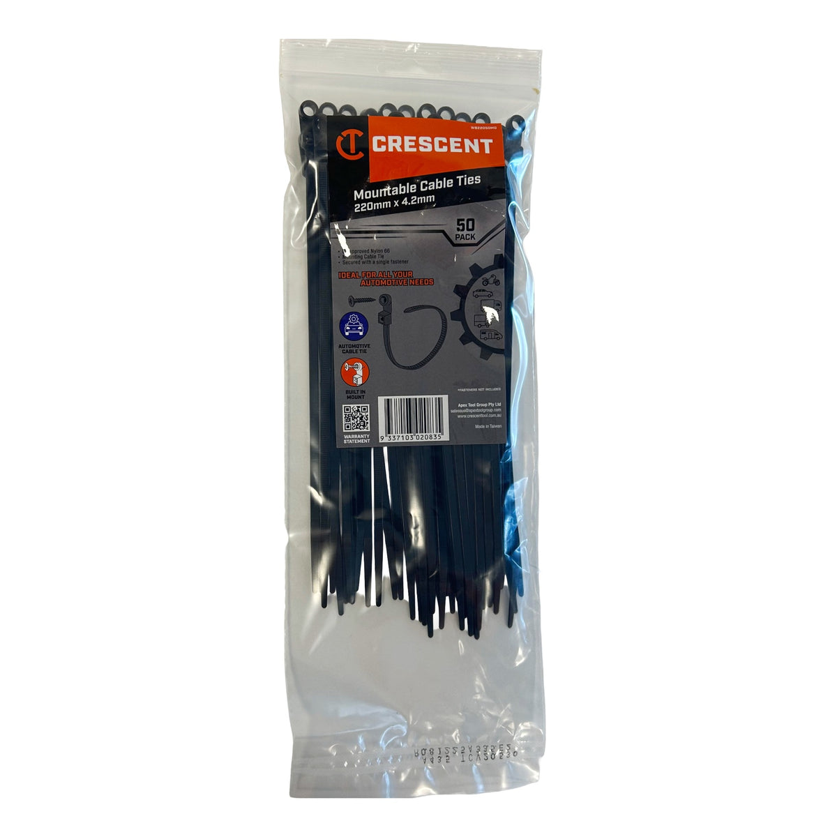 Crescent 50-piece 220mm x 4.2mm black mounting cable ties with bolt hole