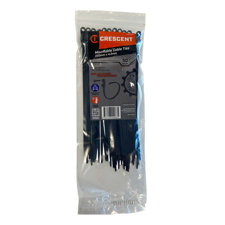 Crescent 50-piece 220mm x 4.2mm black mounting cable ties with bolt hole