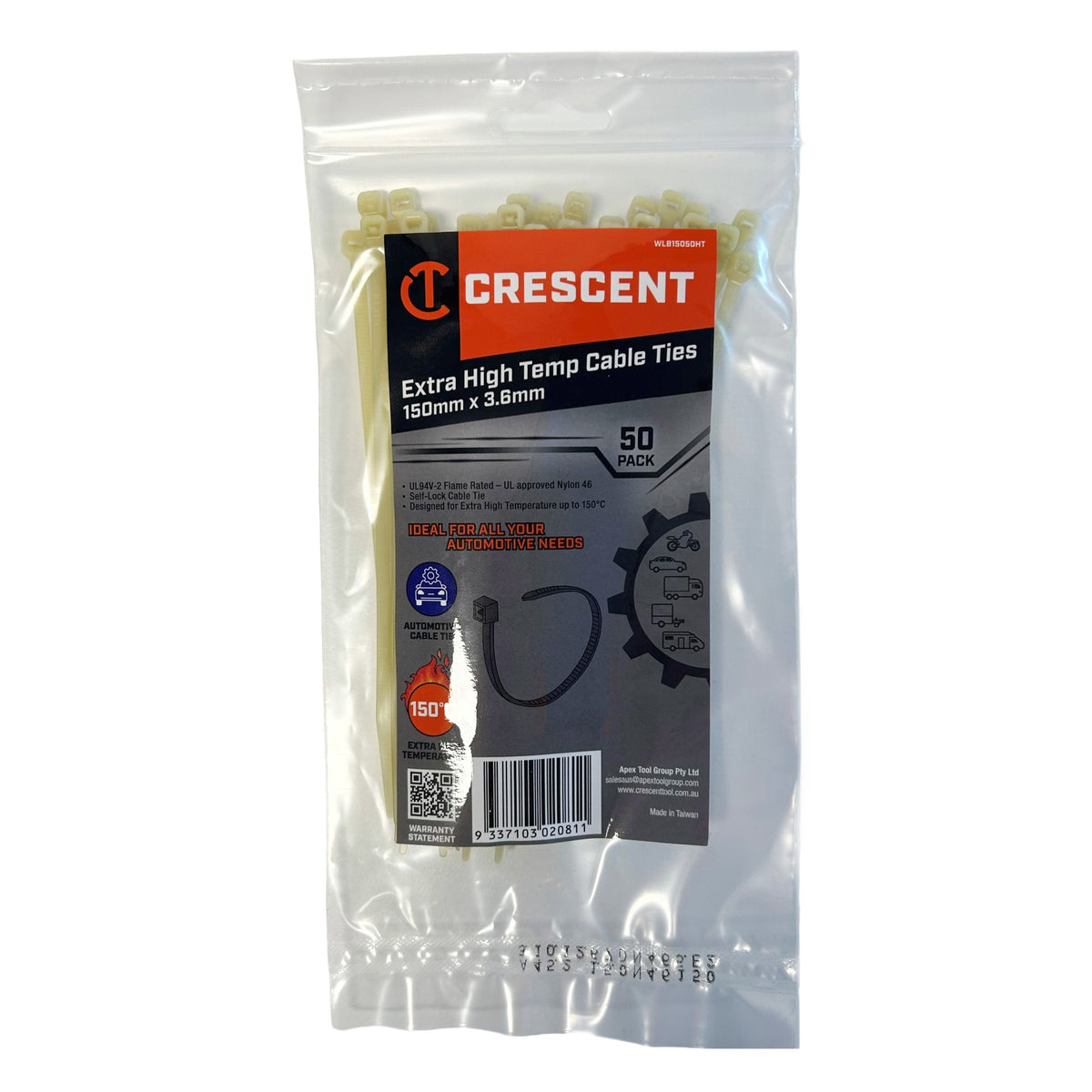 Crescent 150mm x 3.6mm high-temperature cable ties, pack of 50, light brown nylon