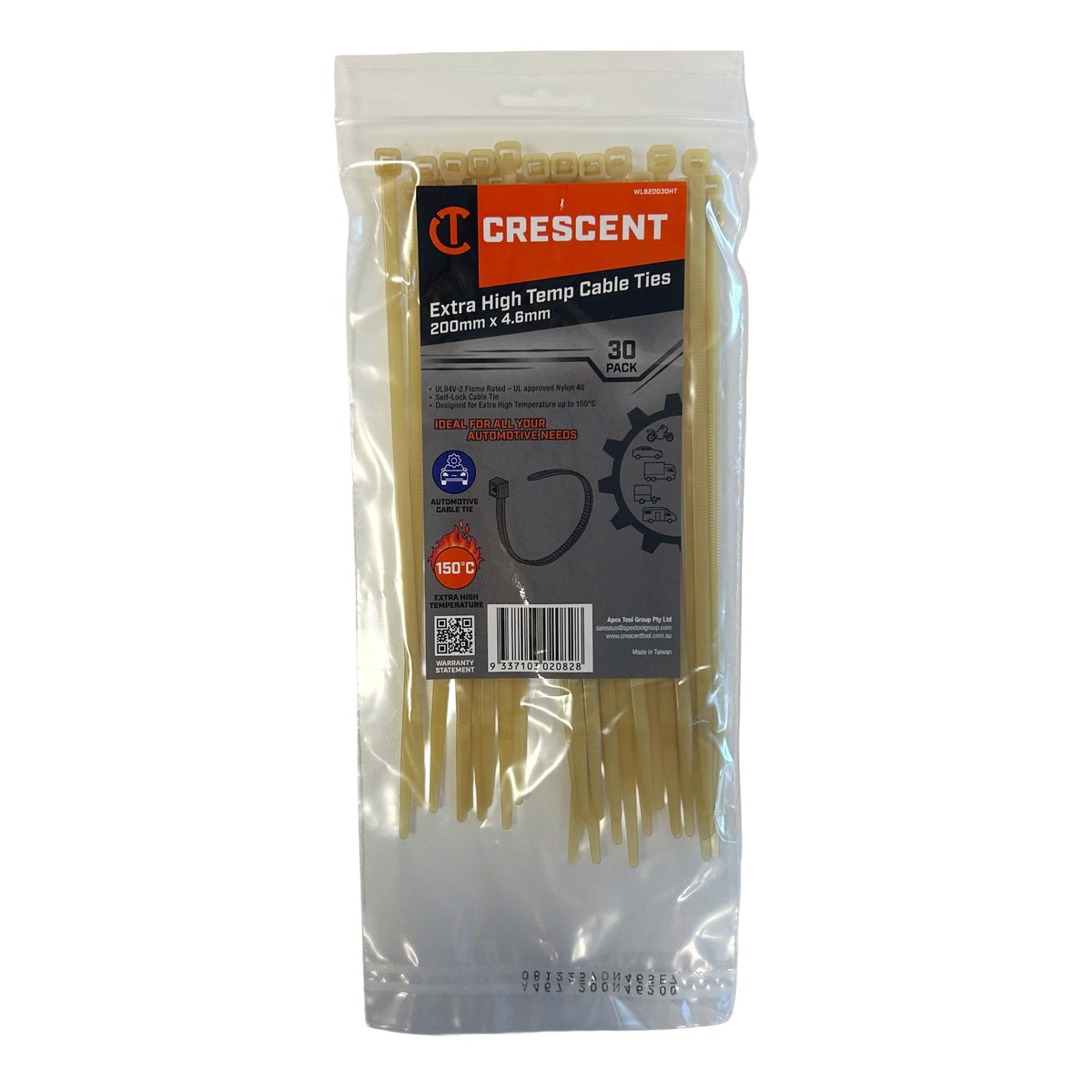 Crescent 30-piece high-temperature cable ties, 200 mm x 4.6 mm, light brown, UL94V-2 rated